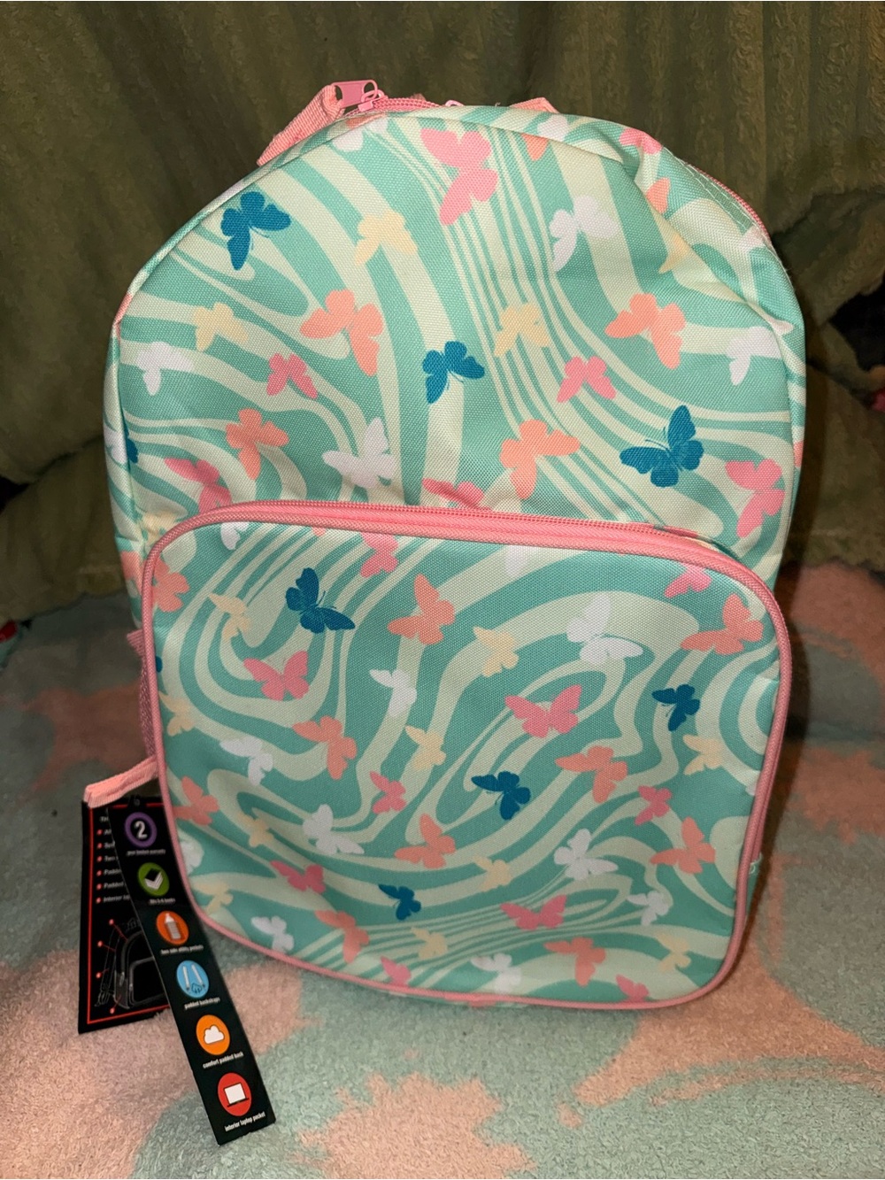 Mint Green Butterfly Print Backpack with Pink Trim
